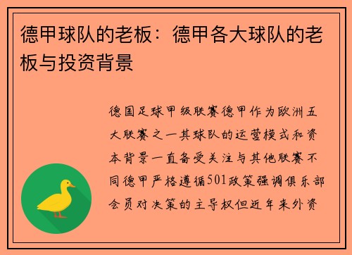 德甲球队的老板：德甲各大球队的老板与投资背景