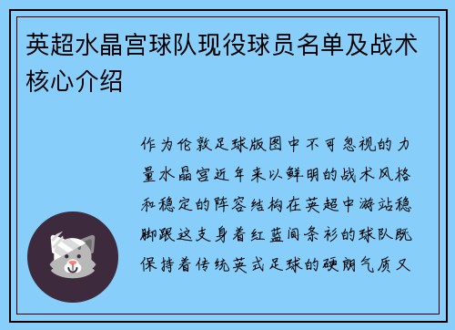 英超水晶宫球队现役球员名单及战术核心介绍